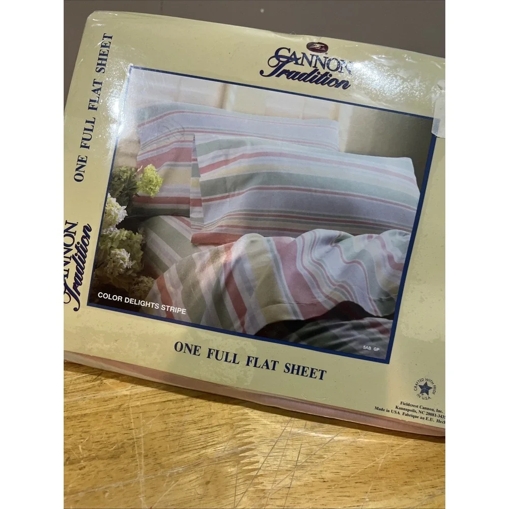 Vtg Cannon Tradition Color Delights Stripe  Pastels Cotton Blend Full Flat Sheet
